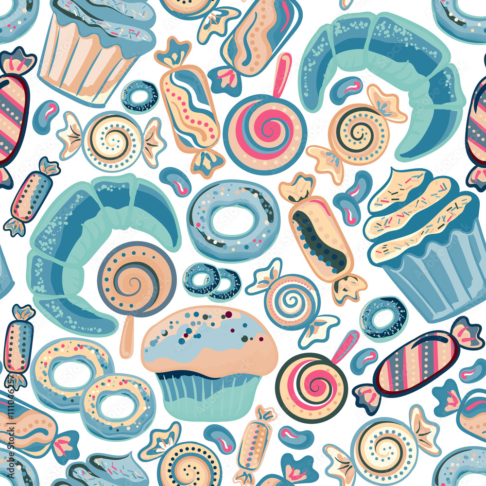 Pastry hand drawn seamless pattern. Doodle collection confections. Colorful background