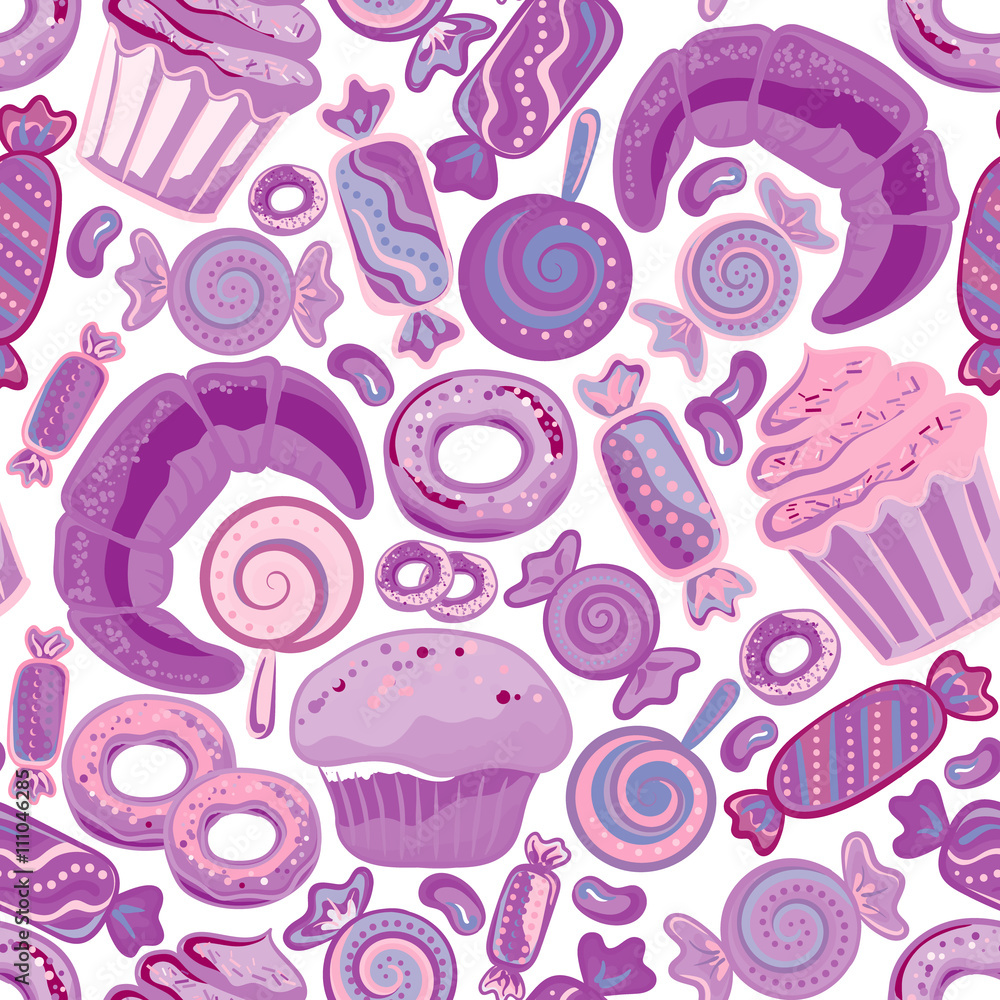 Naklejka premium Pastry hand drawn seamless pattern. Doodle collection confections. Colorful background