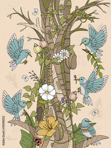 birds with floral elements