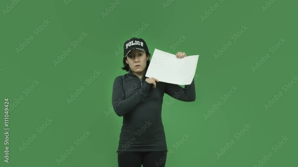 caucasian police girl isolated on green screen upset with blank sign caucasian police girl isolated on green screen upset with blank sign