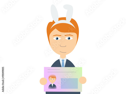 Flat vector illustration of a smiling caucasian guy holding Japanese my number card with a rabbit ear hair band on.