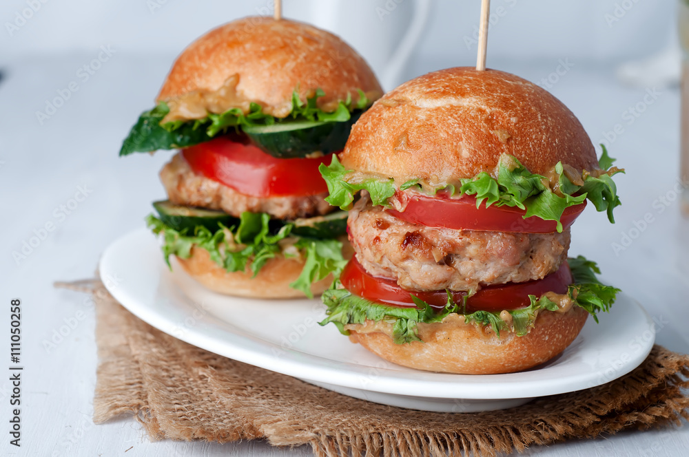 homemade hamburger with fresh vegetables. Closeup homemade hamburger with fresh vegetables. Closeup
