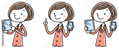 イラスト素材：ビジネス　スーツの女性　スマートフォン　タブレット