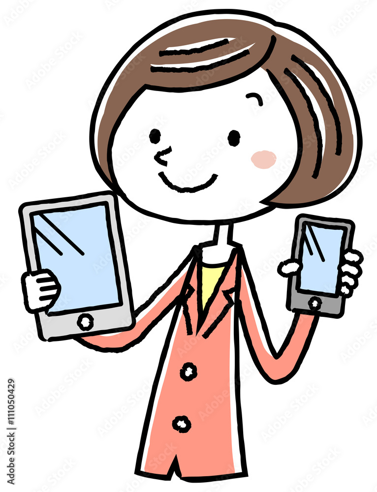 イラスト素材：ビジネス　スーツの女性　　スマートフォンとタブレット