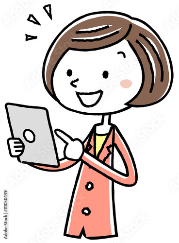 イラスト素材：ビジネス　スーツの女性　　タブレット　操作