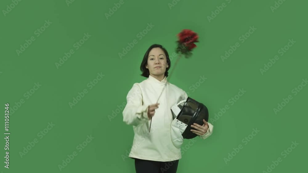 caucasian fencing with sword girl isolated on green screen in love romance rose caucasian fencing with sword girl isolated on green screen in love romance rose