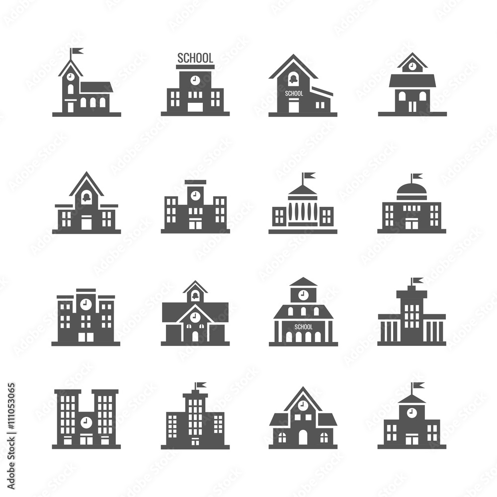 School building vector icons set. Urban school architecture and structure school institution illustration