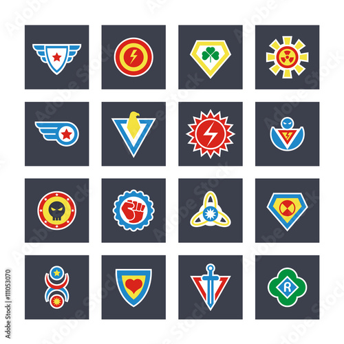 Superhero color vector badges, emblems, logos. Superhero badge icon, power and protect insignia for superhero illustration