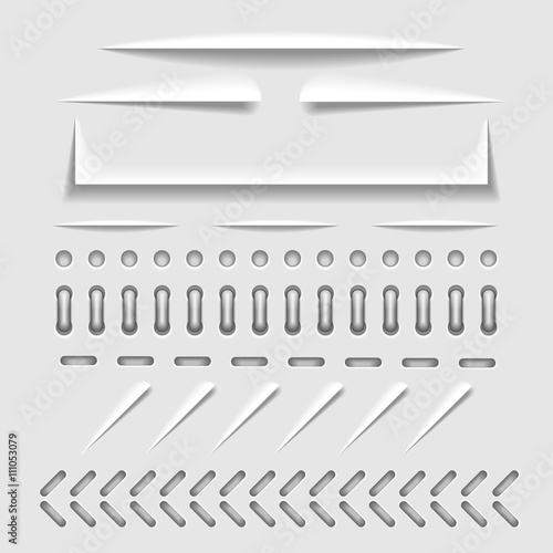 Paper cut, stitch and perforation web dividers with shadow effect vector template. Border stitch hole and binder collection stitch for paper cut illustration