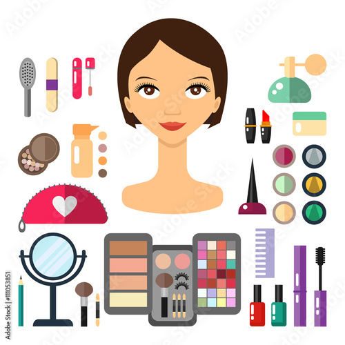 Beauty store with cosmetic objects: mascara, gloss, eyeshadow, lipstick, cream, blush, perfume. Make-up objects. Vector flat illustrations make up cosmetic.