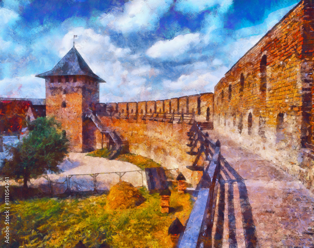 Inner space of medieval castle in Lutsk, Ukraine. Impressionism. Digital imitation of impressionist oil painting.