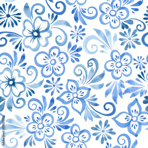 floral seamless pattern in Russian Gzhel Style. Vector illustration