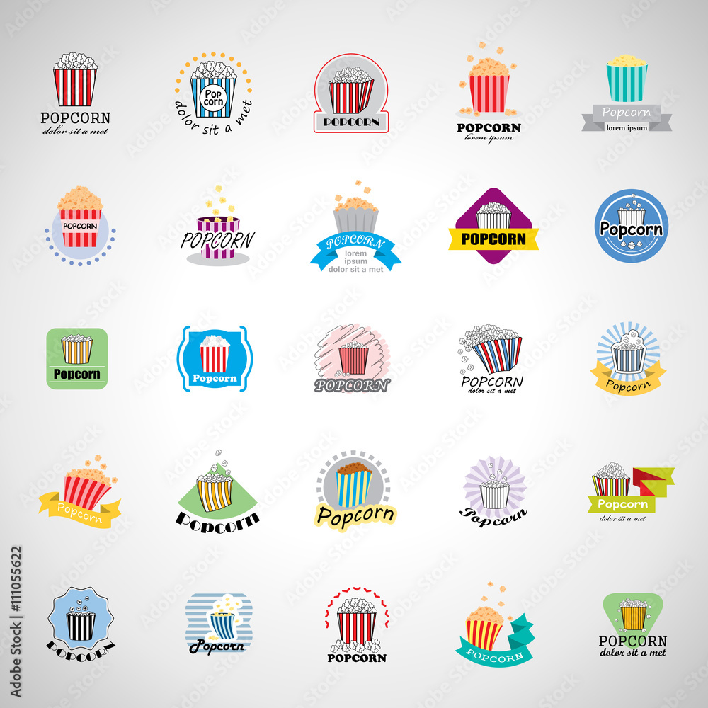 Popcorn Icons Set - Isolated On Gray Background - Vector Illustration, Graphic Design Popcorn Icons Set - Isolated On Gray Background - Vector Illustration, Graphic Design
