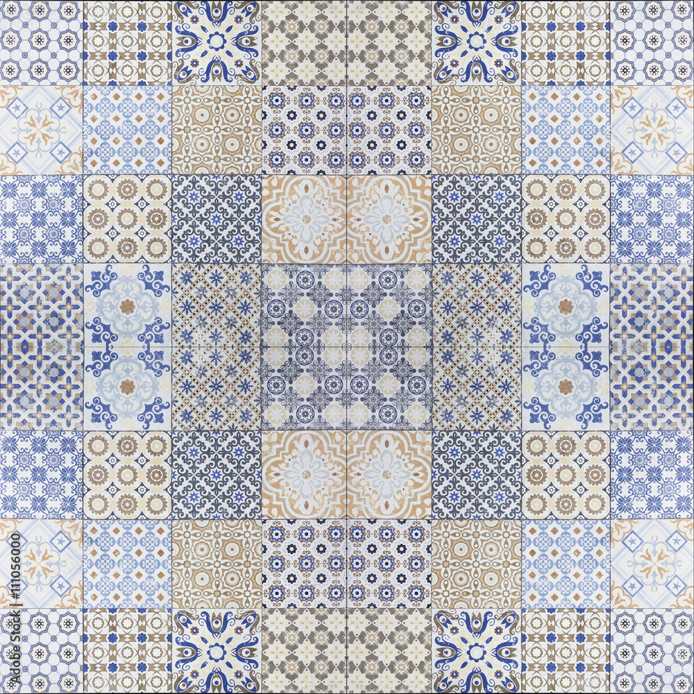 Fototapeta Beautiful old ceramic tile wall patterns in the park public.