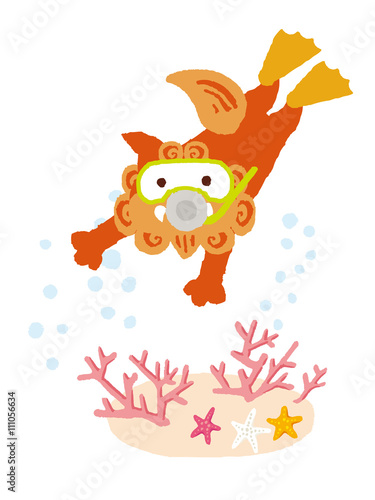 Okinawan shi shi dog scuba diving with coral and starfish