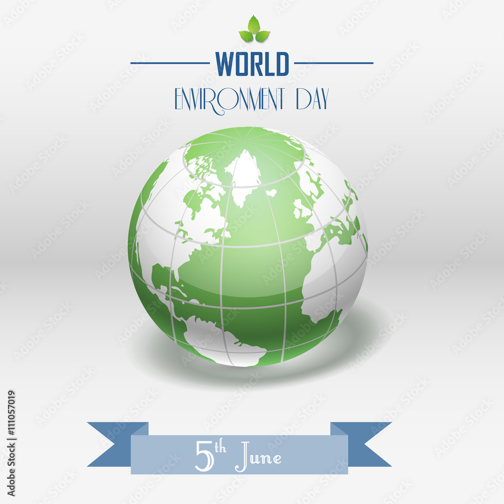 World Environment Day concept with shiny globe and ribbon on grey background