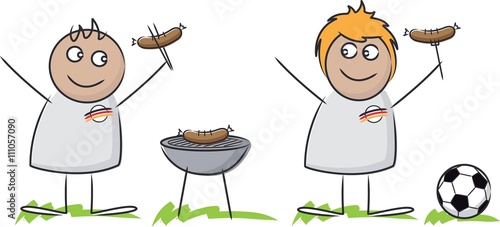 EM 2016 Cartoon Comic für Public viewing Flyer mit BBQ Grill und Würstchen Fußball Fans grillen draußen zur Europameisterschaft.