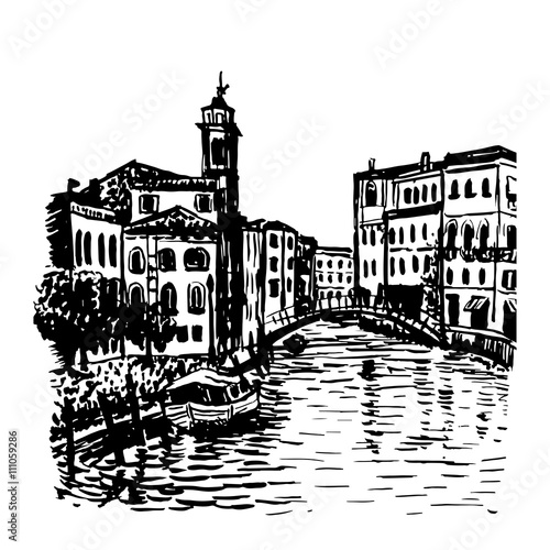drawing background cityscape view of the lagoon, the ships and the city around, in Venice, Italy, hand-drawn sketch graphic black vector illustration