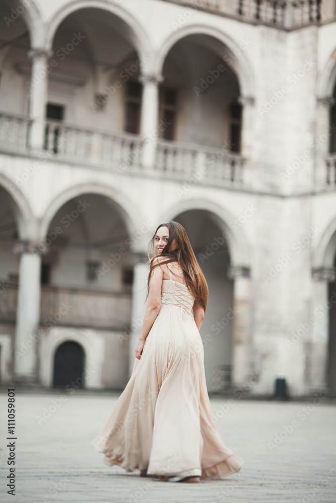 Beautiful girl, model with long hair posing in old castle near columns. Krakow Vavel Beautiful girl, model with long hair posing in old castle near columns. Krakow Vavel