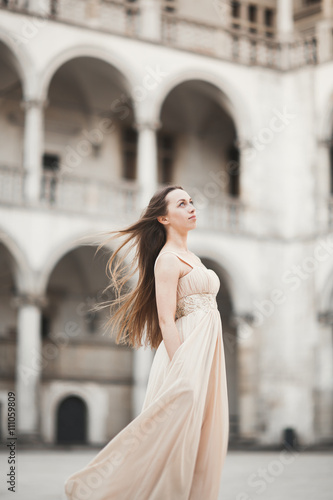 Beautiful girl, model with long hair posing in old castle near columns. Krakow Vavel