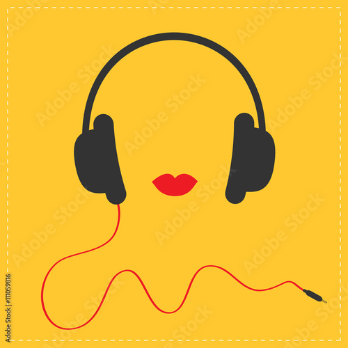 Headphones with red cord and lips Music card. Flat design icon Yellow background