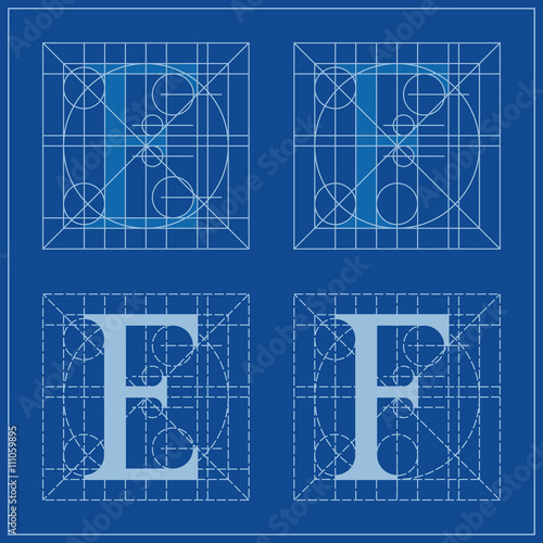 Designing Initials, letters E and F, blueprint.
