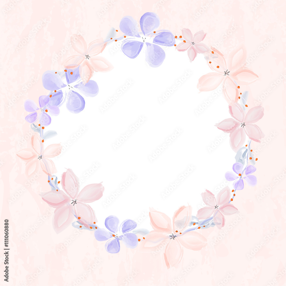 Wreath of abstract watercolor flowers on grungy background