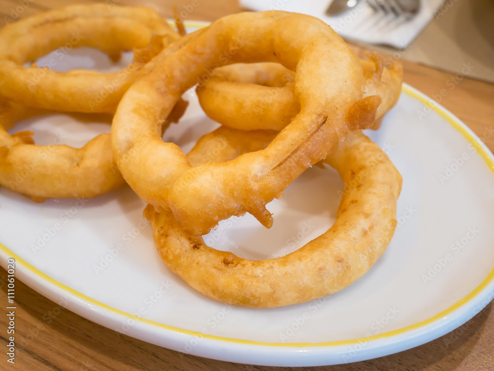 fried onion rings on white plate fried onion rings on white plate