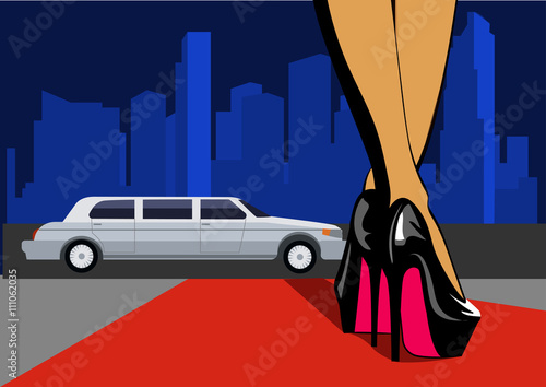 Sexy leg with city. Female legs in high heels walk on the red carpet. Vector illustration