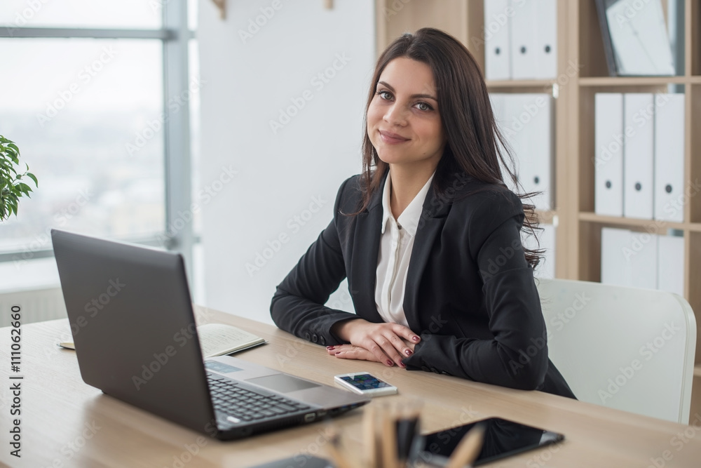Business woman with notebook in office, workplace Business woman with notebook in office, workplace