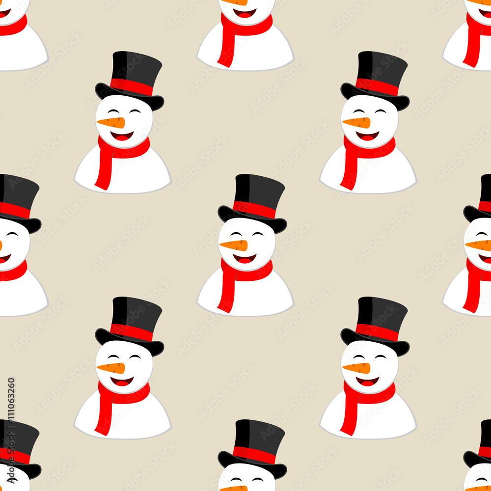 Icono plano patrón con hombre de nieve sonriendo sobre fondo beige