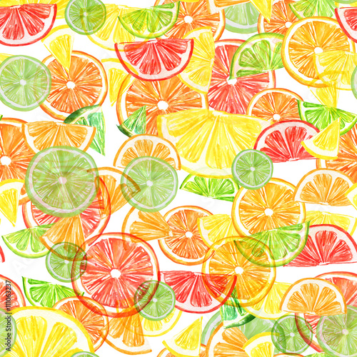 Акварельный паттерн, фон - цитрус, фруктовые дольки апельсина, лимона, лайм, грейпфрут