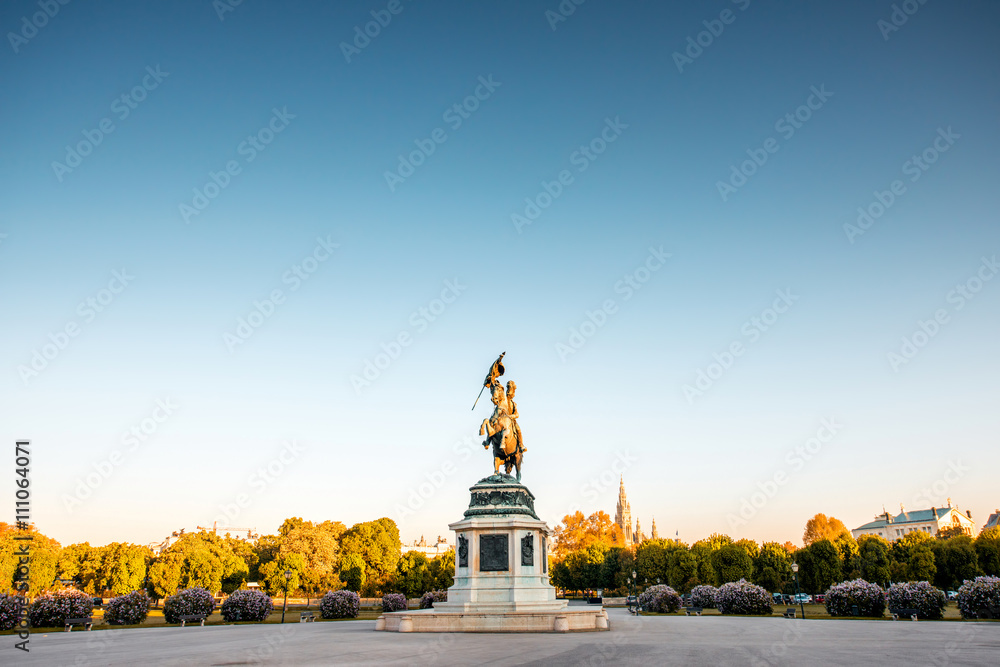 Naklejka premium Archduke Charles statue on Helden square in Vienna at the morning. Wide angle image with copy space