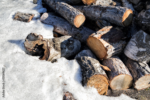 Stacked logs and snow