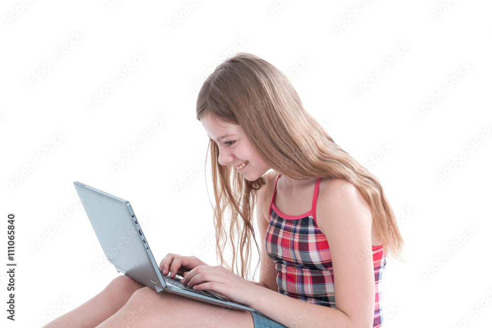 portrait of the young beautiful girl working at the computer portrait of the young beautiful girl working at the computer