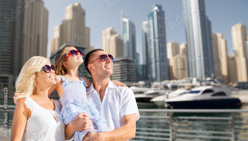 Photography happy family over dubai city street background