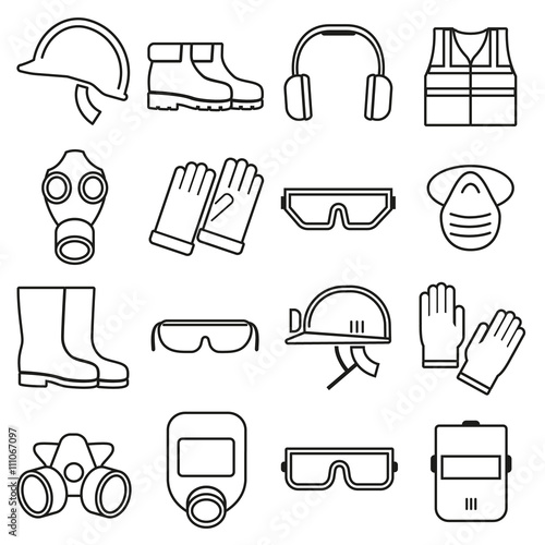 Linear job safety equipment vector icons set