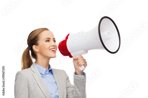 smiling businesswoman with megaphone