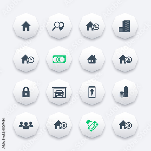 Real estate icons, house sale, apartments, search, houses for rent, real estate pictograms on octagon shapes, vector illustration