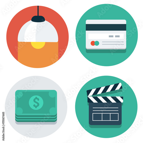 Vector flat icons lamp, credit card, dollars and clapper