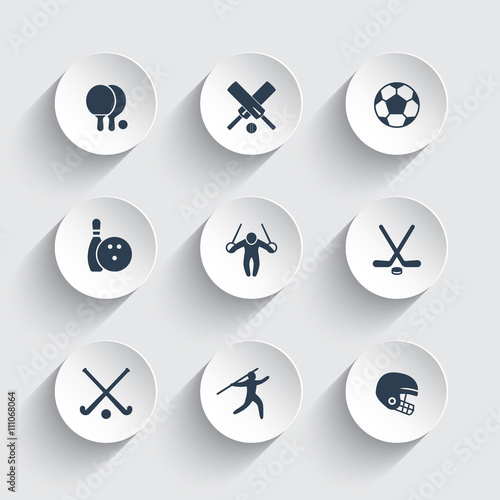 sport, games, competition icons on round 3d shapes, ping-pong, football, bowling, cricket, soccer, hockey icon, vector illustration