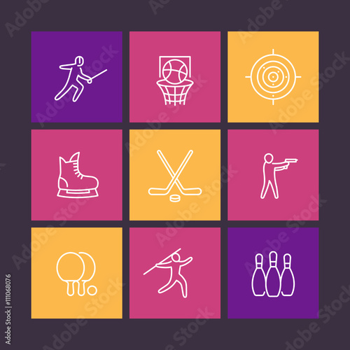 sports, games, team sport line icons in color squares, vector illustration