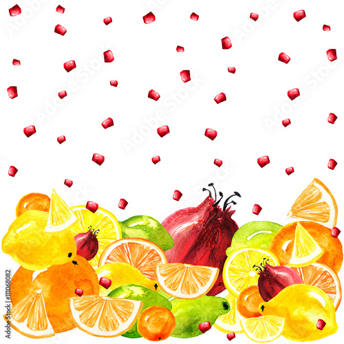 Декоративная открытка, набор фруктов - апельсины, гранат, лимоны, лайн, гранат и другие фрукты акварелью