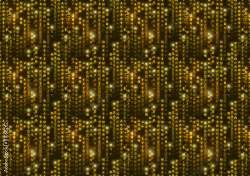 Golden matrix symbols, digital binary code on black background a4 size
