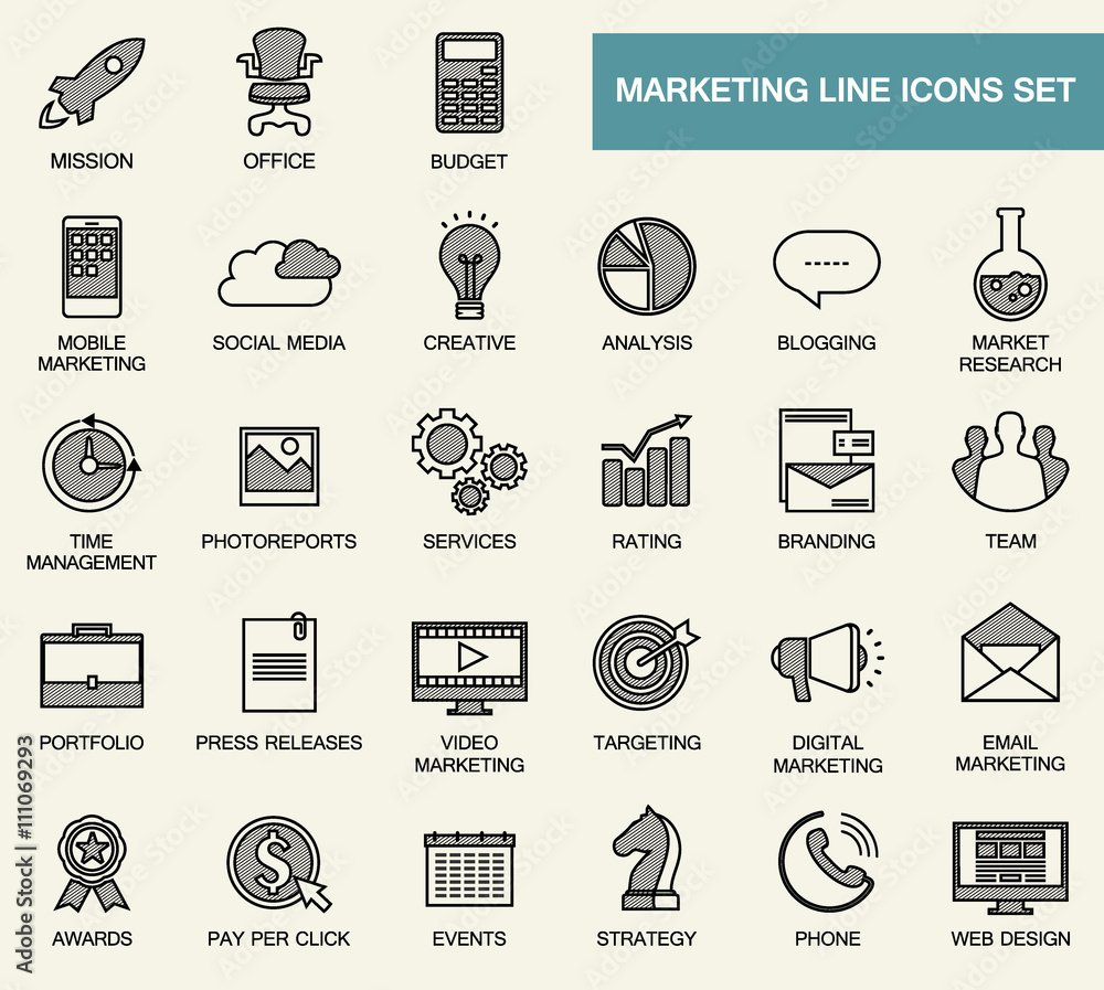 Set of line flat design icons for internet marketing, media and business