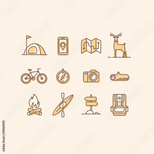 Set of line vector icons on the theme of hiking, vacation, camping, adventure, extreme sports, outdoor recreation.