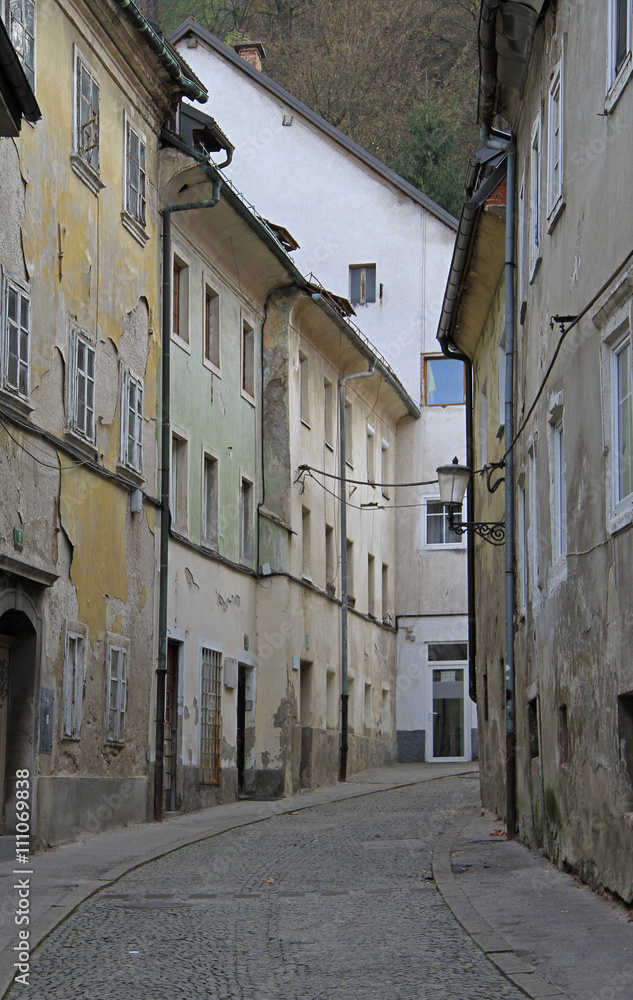 narrow street with the strong slope in Ljubljana
