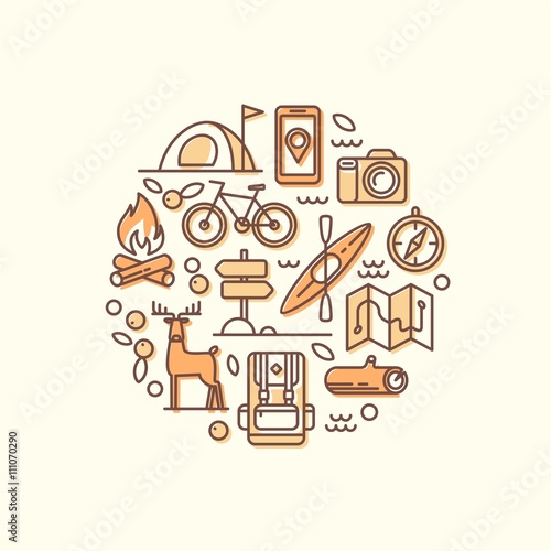 Vacation, camping, hiking, adventure, extreme sports, outdoor recreation. Set of line vector icons.
