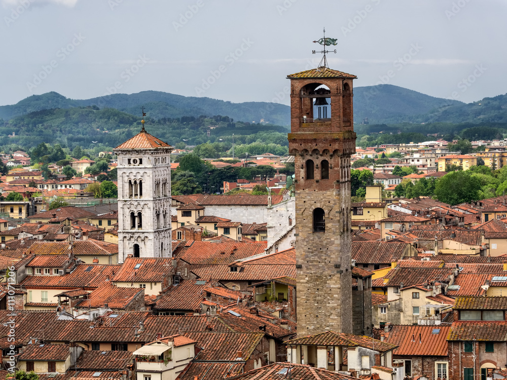 Terracotta rooftops in medieval Lucca,