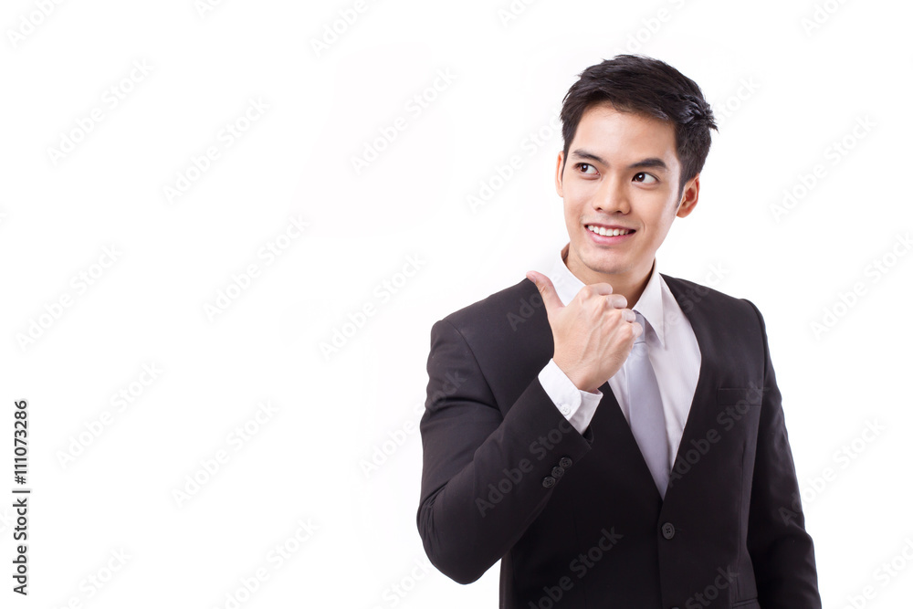 businessman giving thumb up, pointing and looking up businessman giving thumb up, pointing and looking up